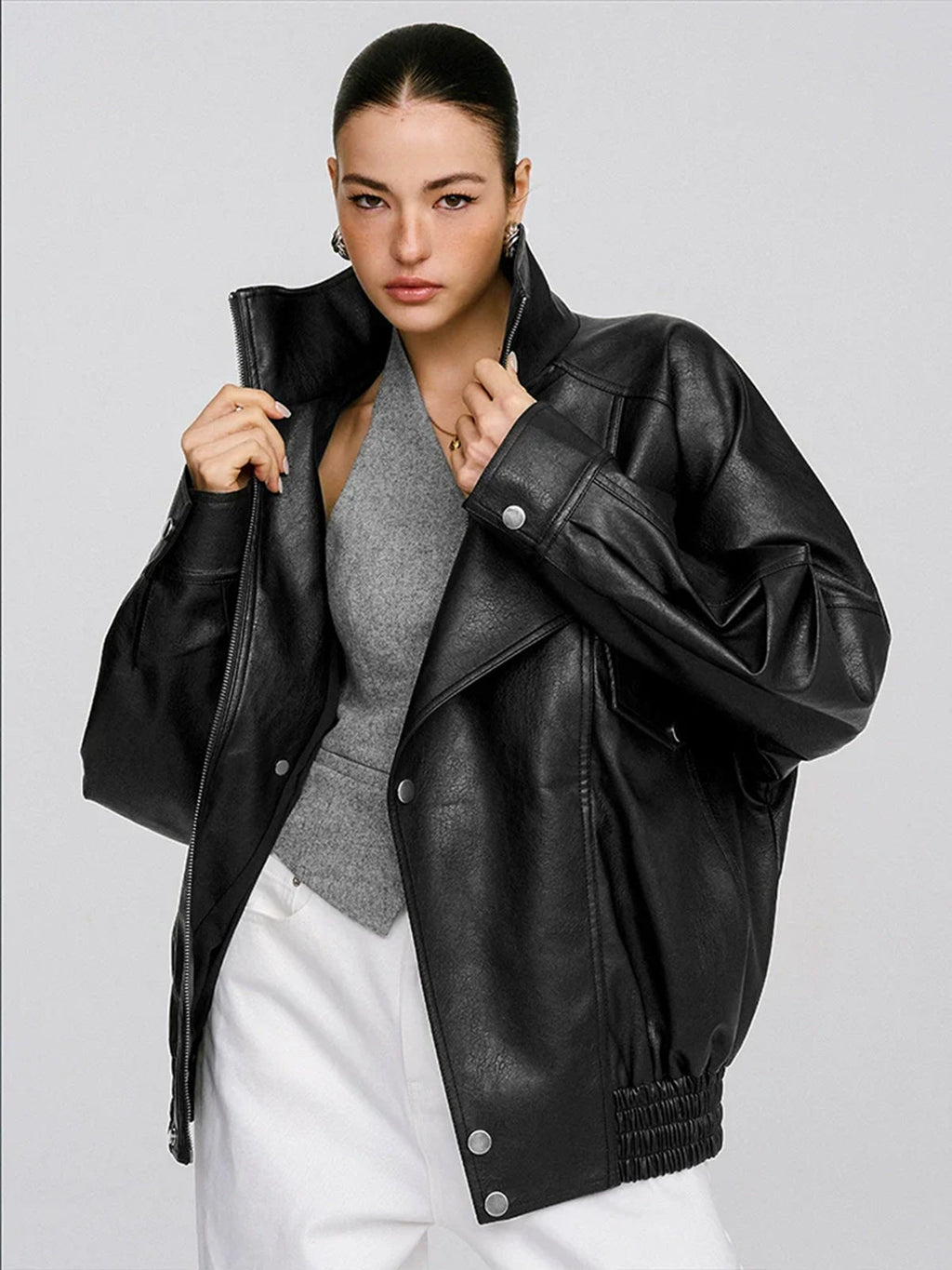 Women's Oversized Collared PU Leather Jacket - CelenoWear