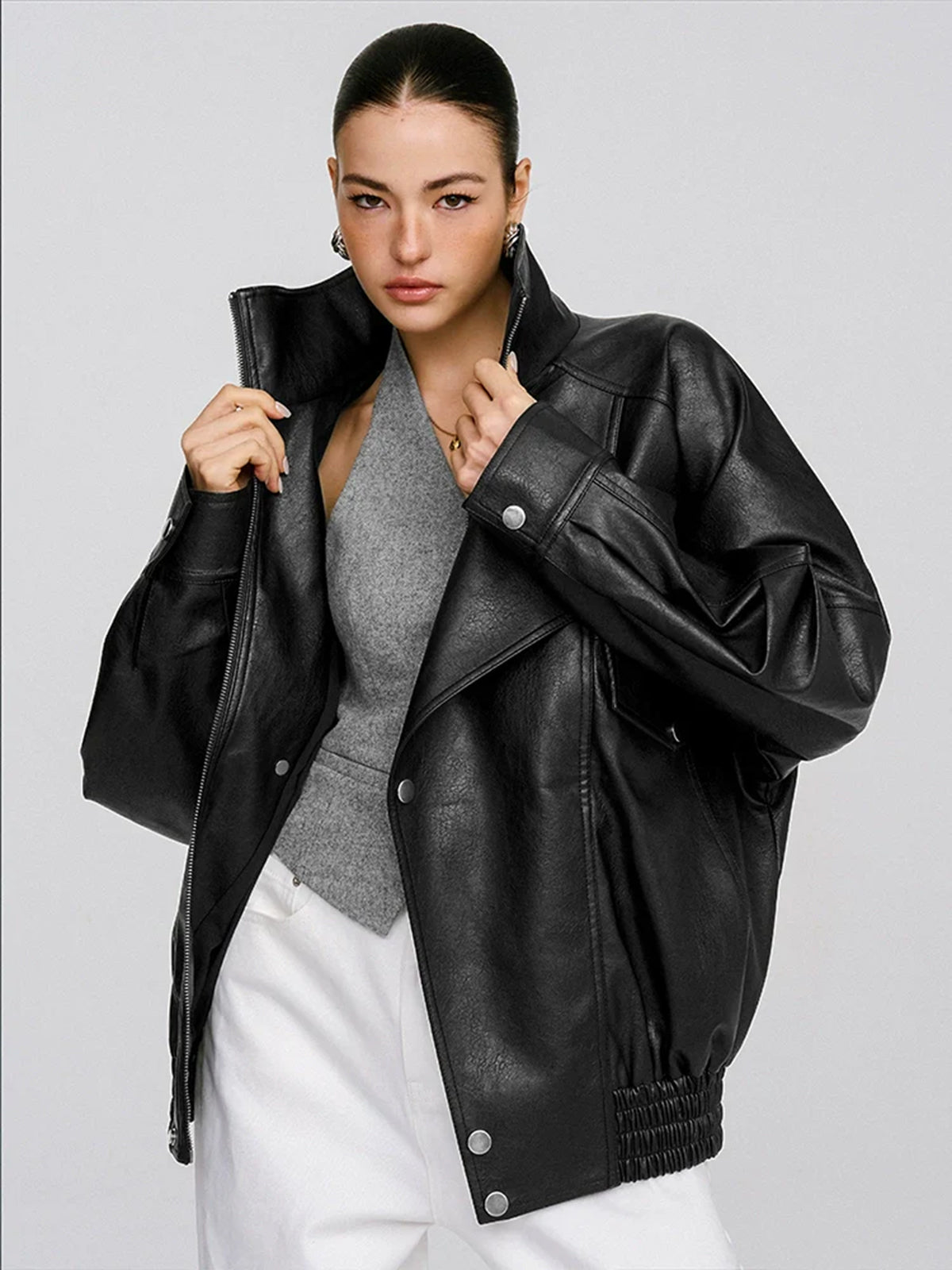 Women's Oversized Collared PU Leather Jacket - CelenoWear