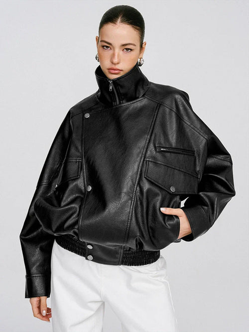 Women's Oversized Collared PU Leather Jacket - CelenoWear