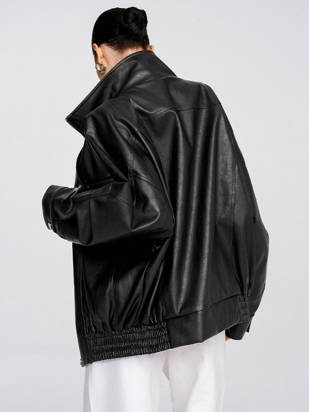 Women's Oversized Collared PU Leather Jacket - CelenoWear