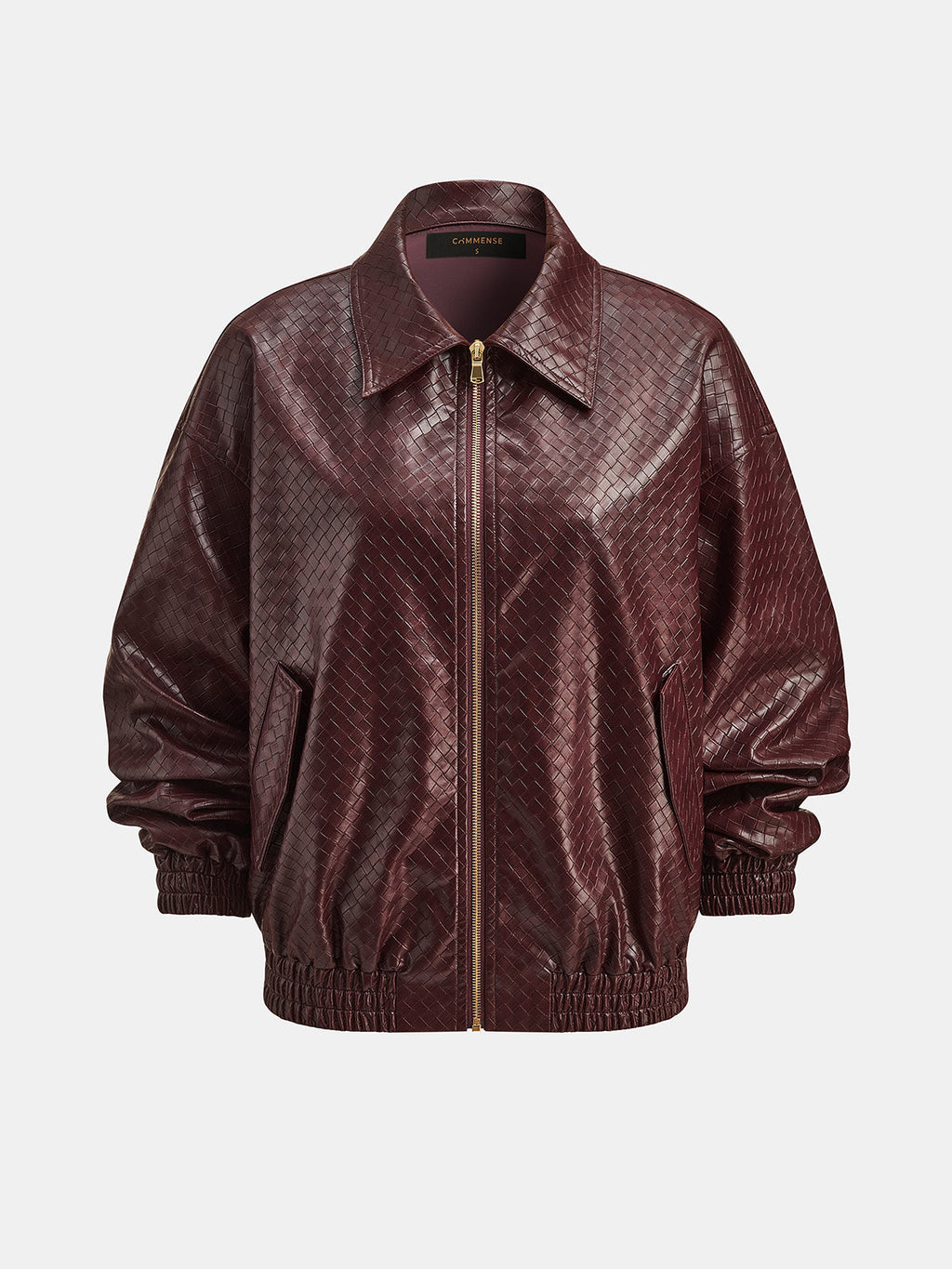 Women's Woven Faux Leather Bomber Jacket with Zip - CelenoWear