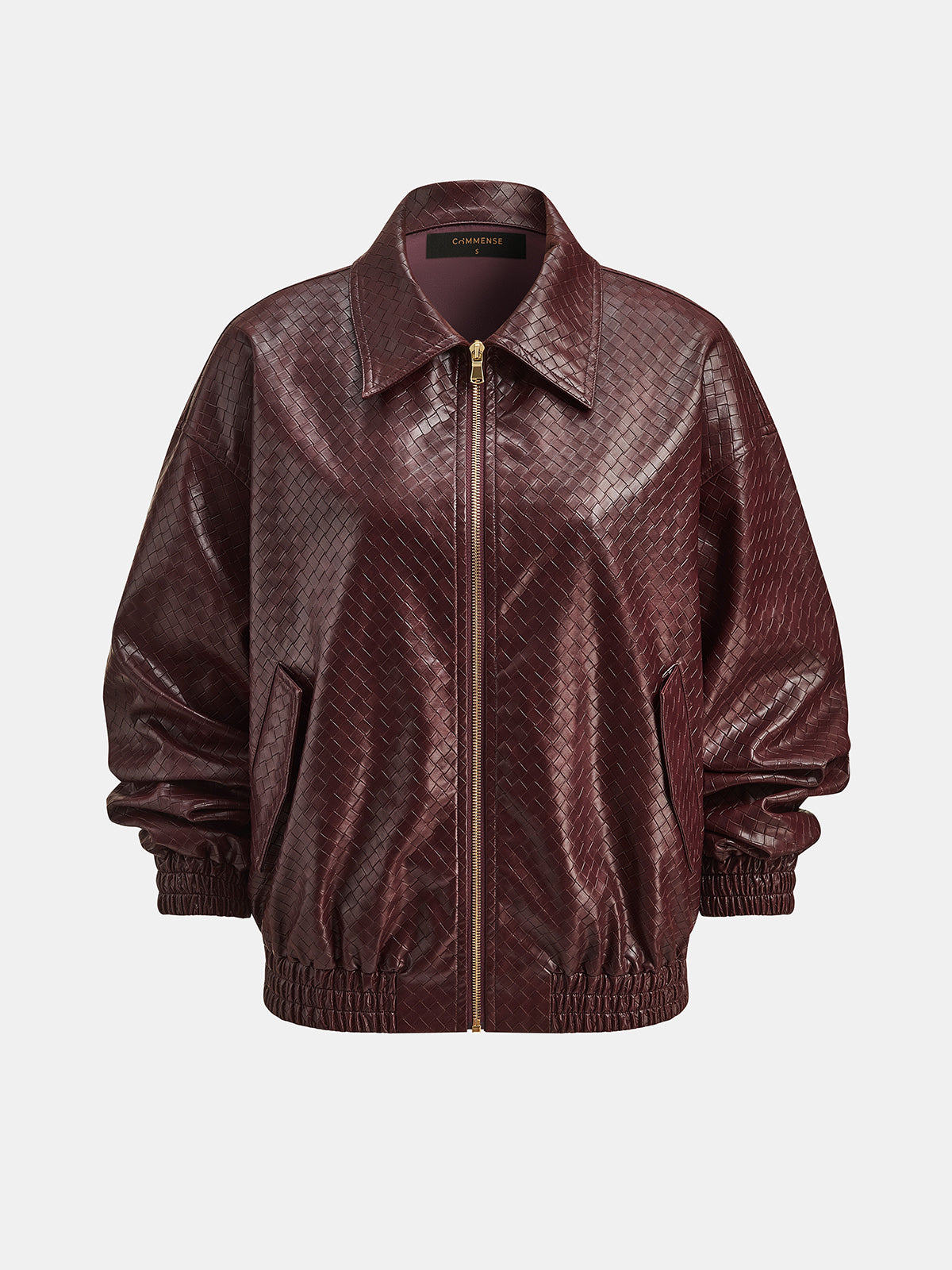 Women's Woven Faux Leather Bomber Jacket with Zip - CelenoWear