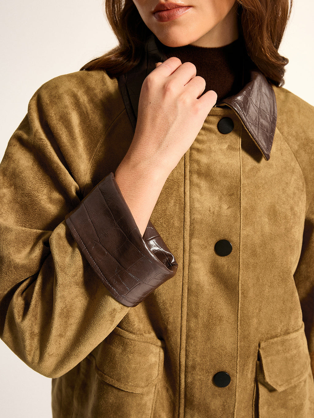 Women's Utility Jacket - Faux Leather Collar Suede Effect - CelenoWear