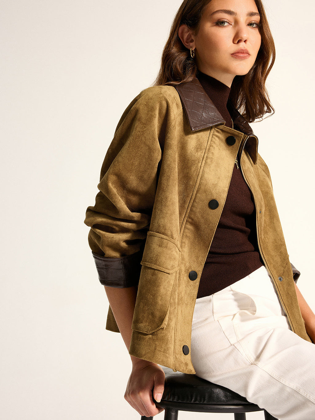 Women's Utility Jacket - Faux Leather Collar Suede Effect - CelenoWear
