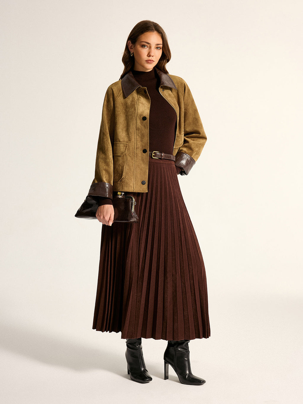 Women's Utility Jacket - Faux Leather Collar Suede Effect - CelenoWear