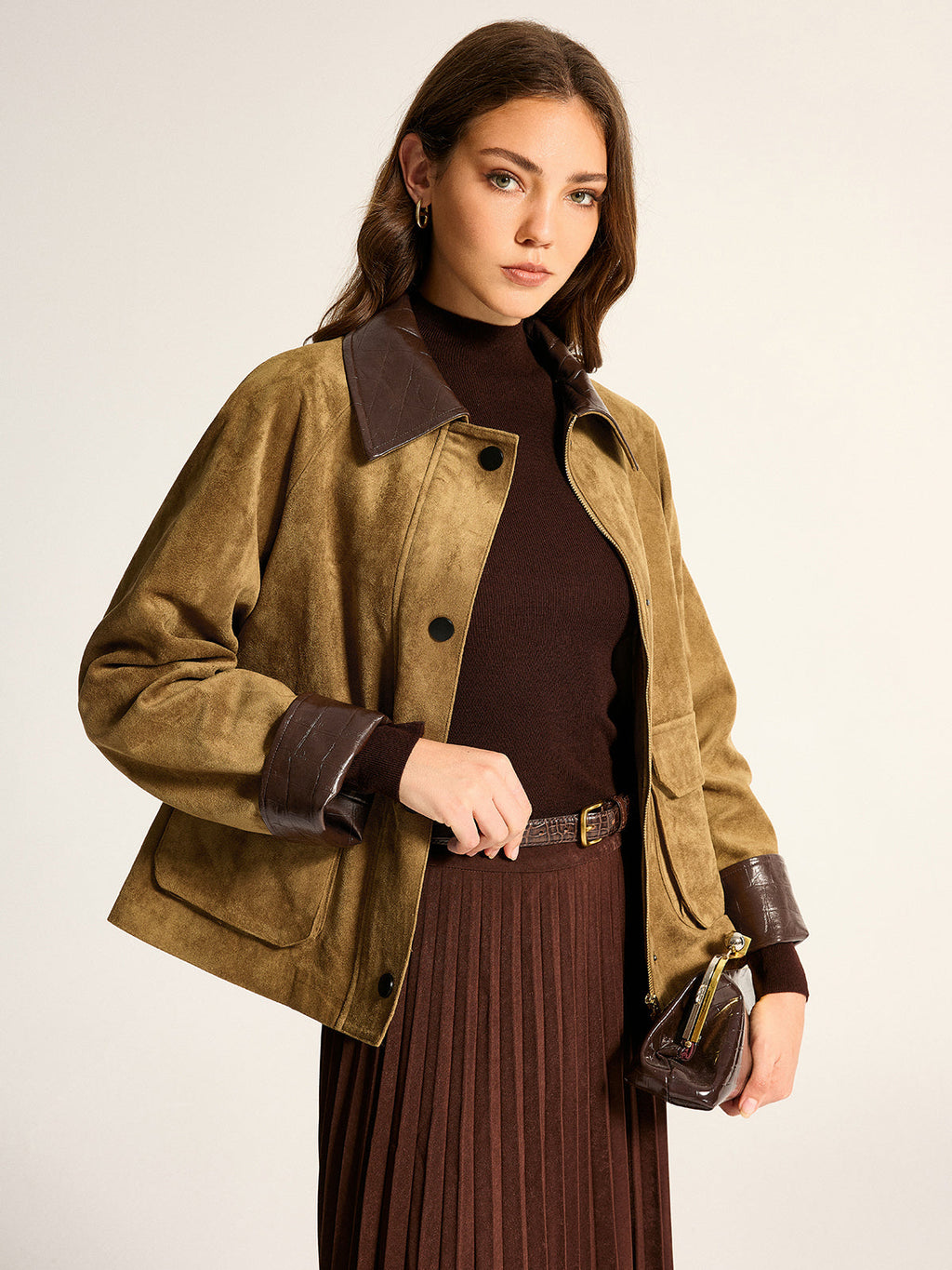 Women's Utility Jacket - Faux Leather Collar Suede Effect - CelenoWear