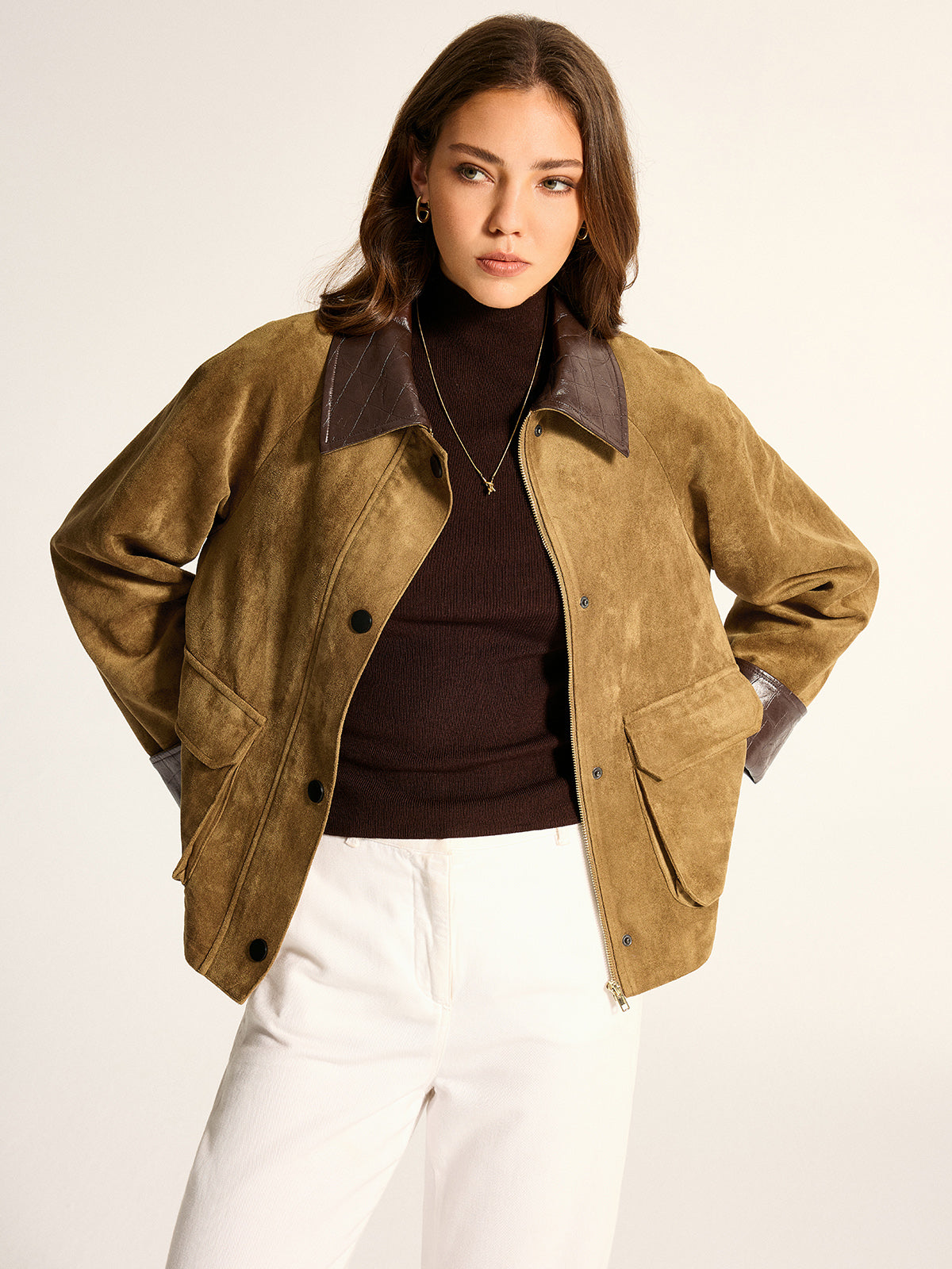Women's Utility Jacket - Faux Leather Collar Suede Effect - CelenoWear